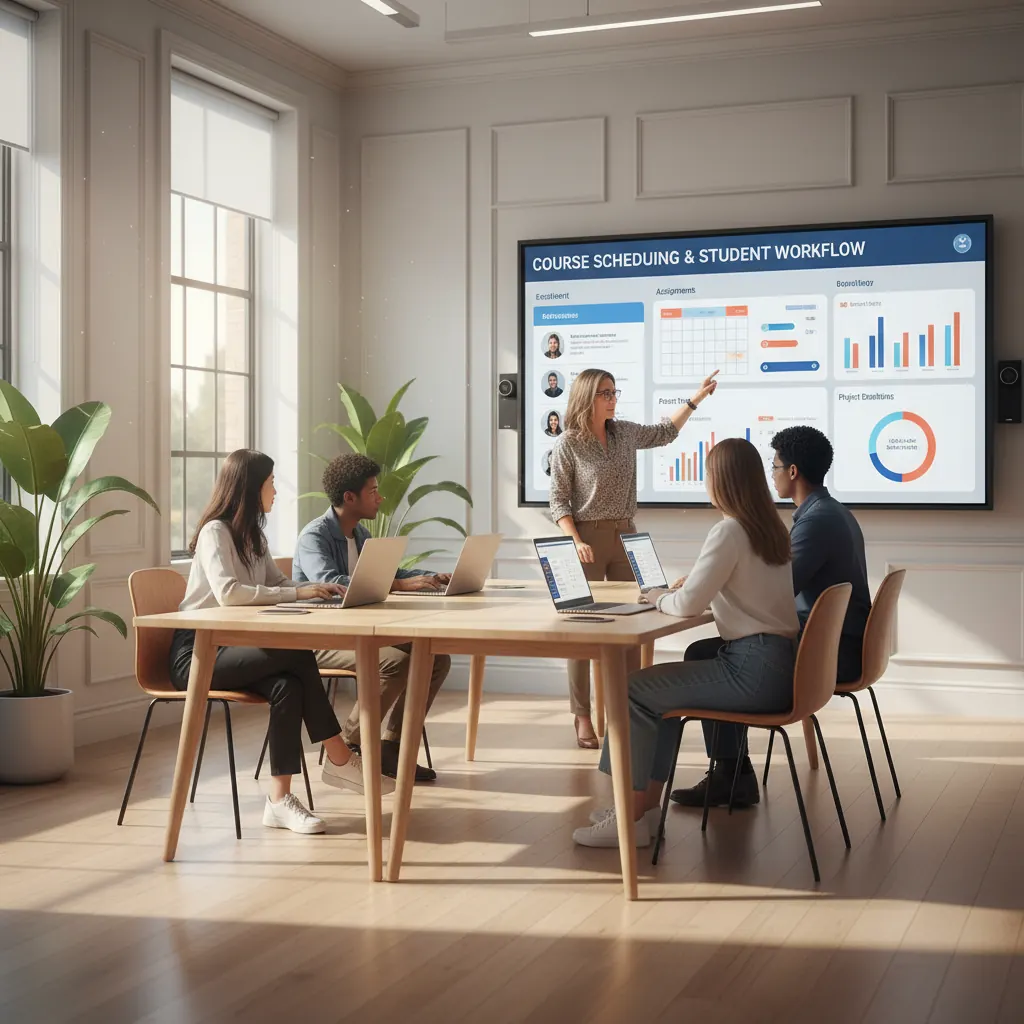 EdTech scheduling platform — instructor and diverse students using a course management dashboard