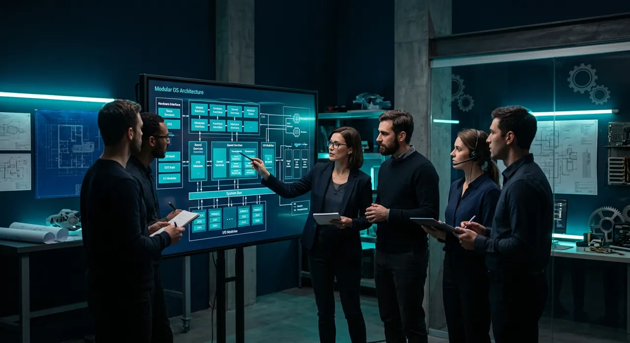 Engine Builders — RoTeix engineering team designing a modular operating system architecture on a large display