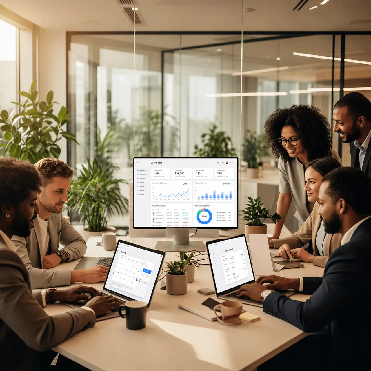 Custom tools — diverse product team building a custom SaaS-style platform in a modern office